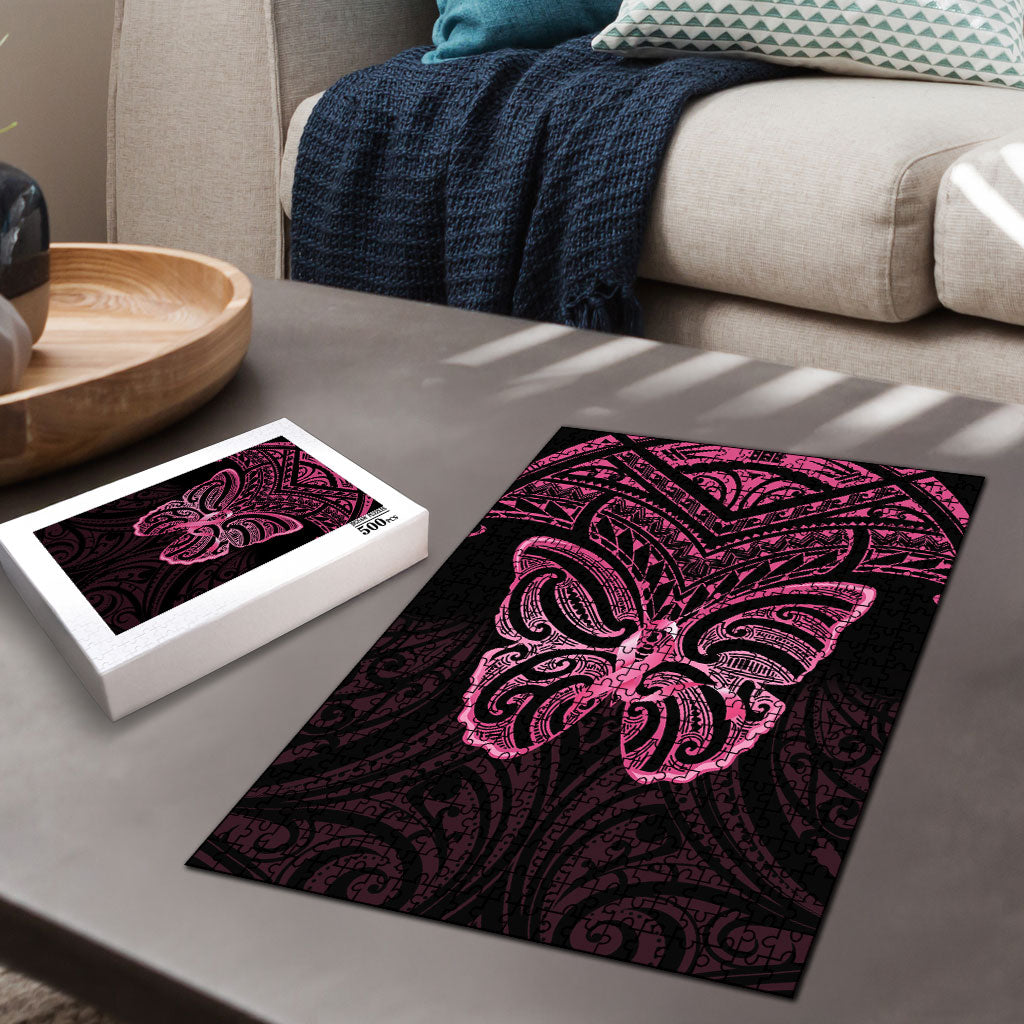 New Zealand Breast Cancer Support Puzzle Maori Butterfly Pink Ribbon Black Version