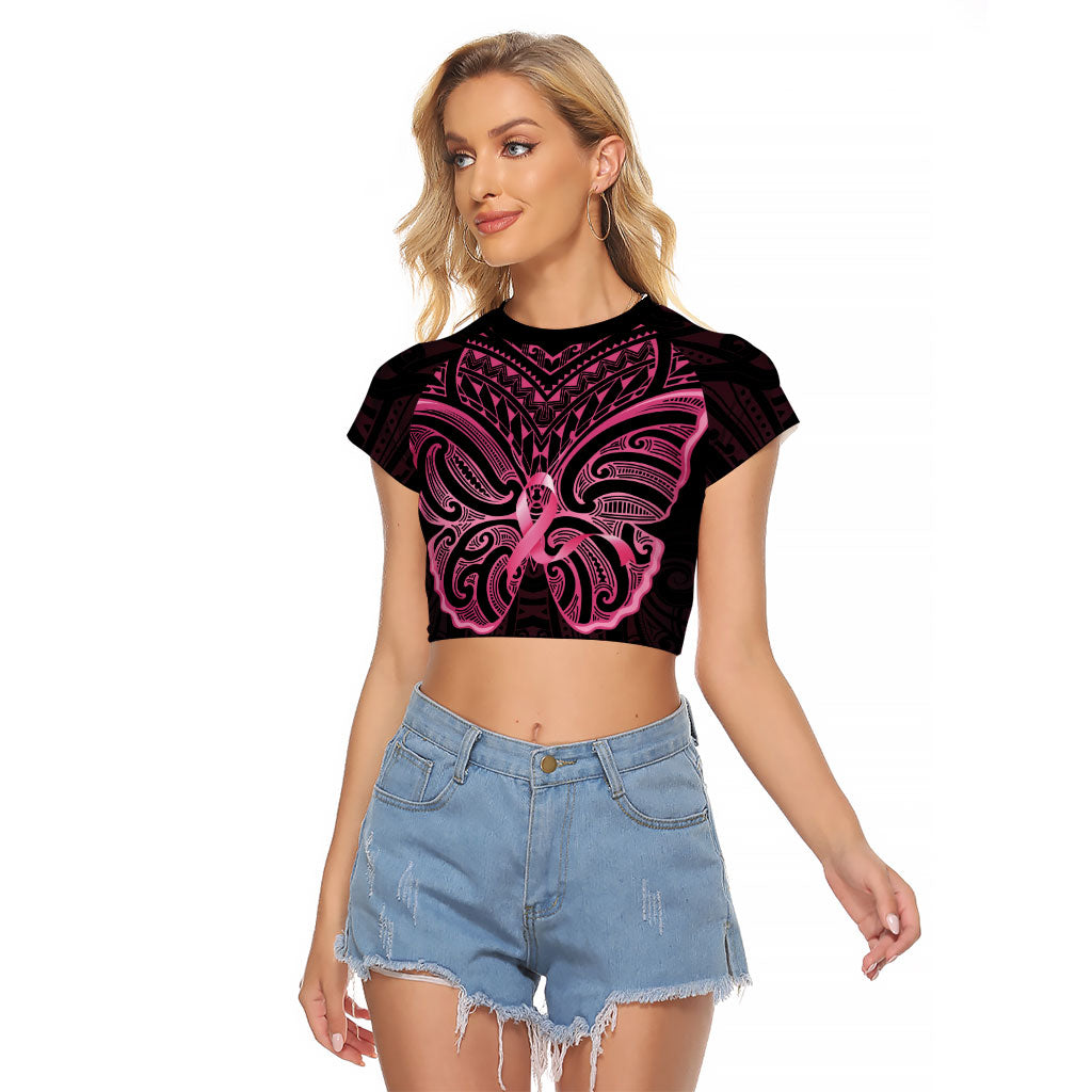 New Zealand Breast Cancer Support Raglan Cropped T Shirt Maori Butterfly Pink Ribbon Black Version