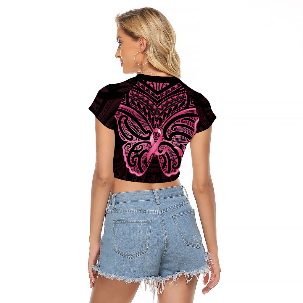 New Zealand Breast Cancer Support Raglan Cropped T Shirt Maori Butterfly Pink Ribbon Black Version