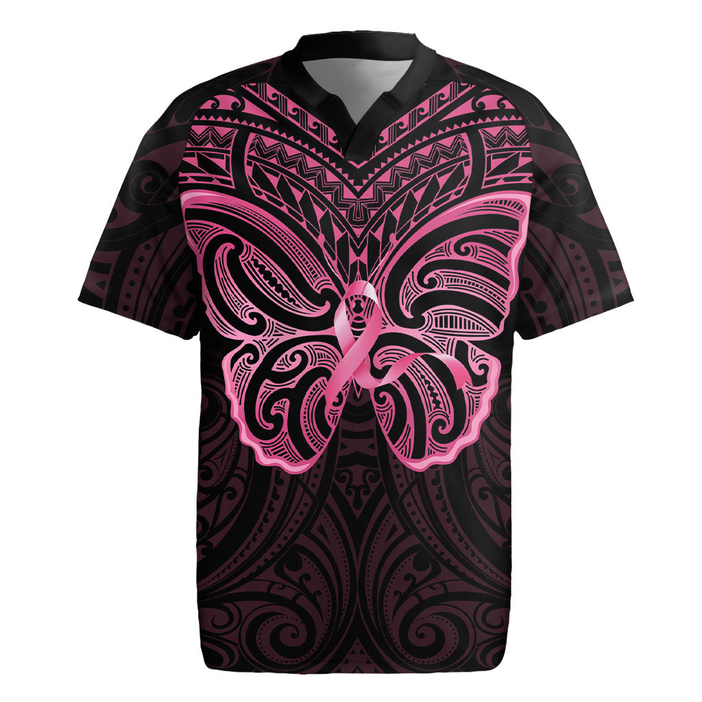 New Zealand Breast Cancer Support Rugby Jersey Maori Butterfly Pink Ribbon Black Version