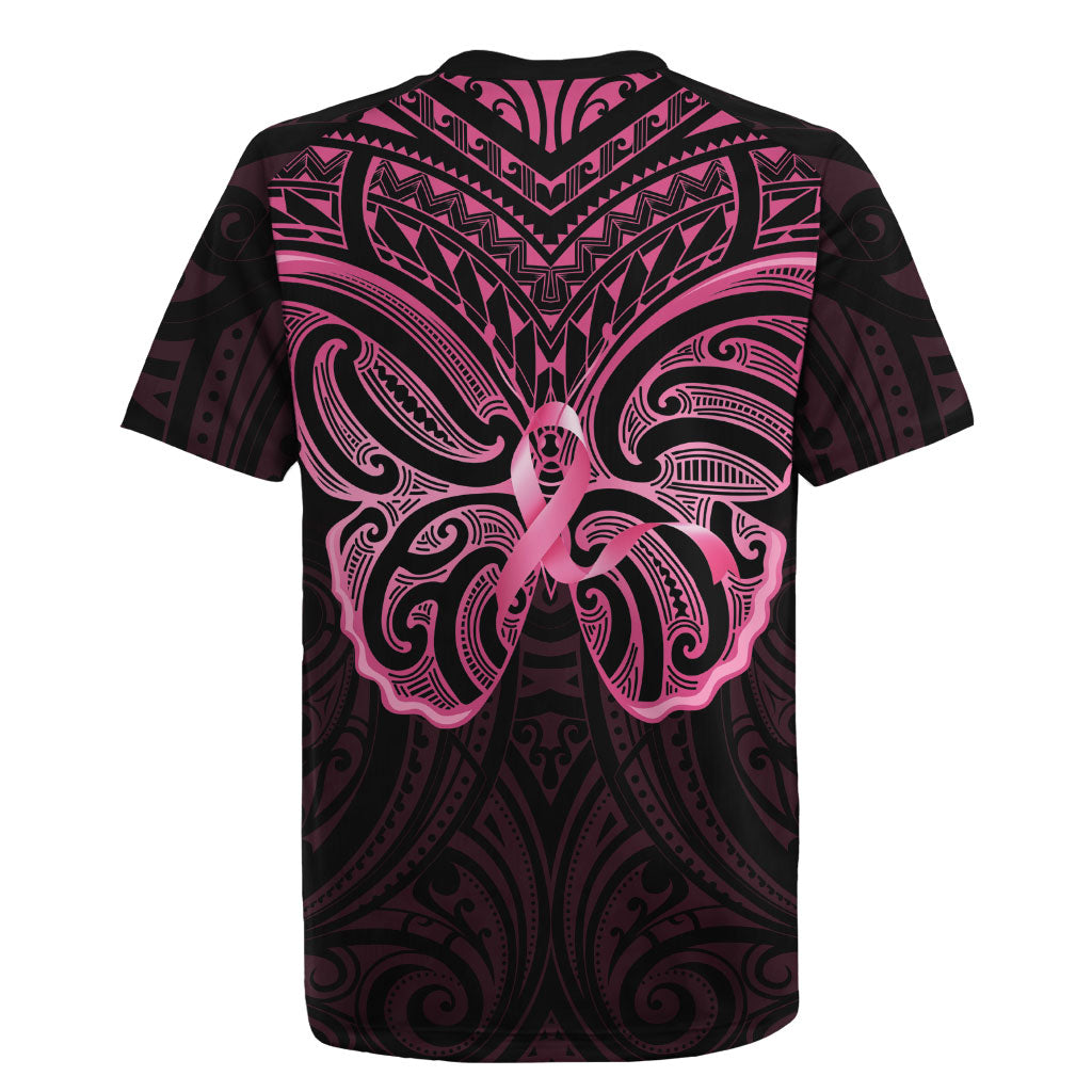 New Zealand Breast Cancer Support Rugby Jersey Maori Butterfly Pink Ribbon Black Version