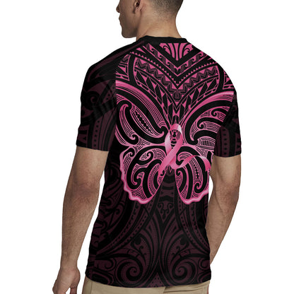 New Zealand Breast Cancer Support Rugby Jersey Maori Butterfly Pink Ribbon Black Version