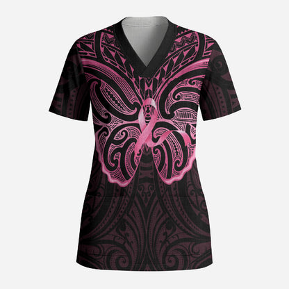 New Zealand Breast Cancer Support Scrub Top Maori Butterfly Pink Ribbon Black Version