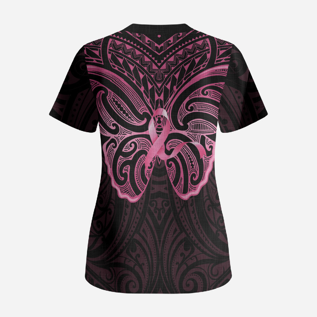 New Zealand Breast Cancer Support Scrub Top Maori Butterfly Pink Ribbon Black Version