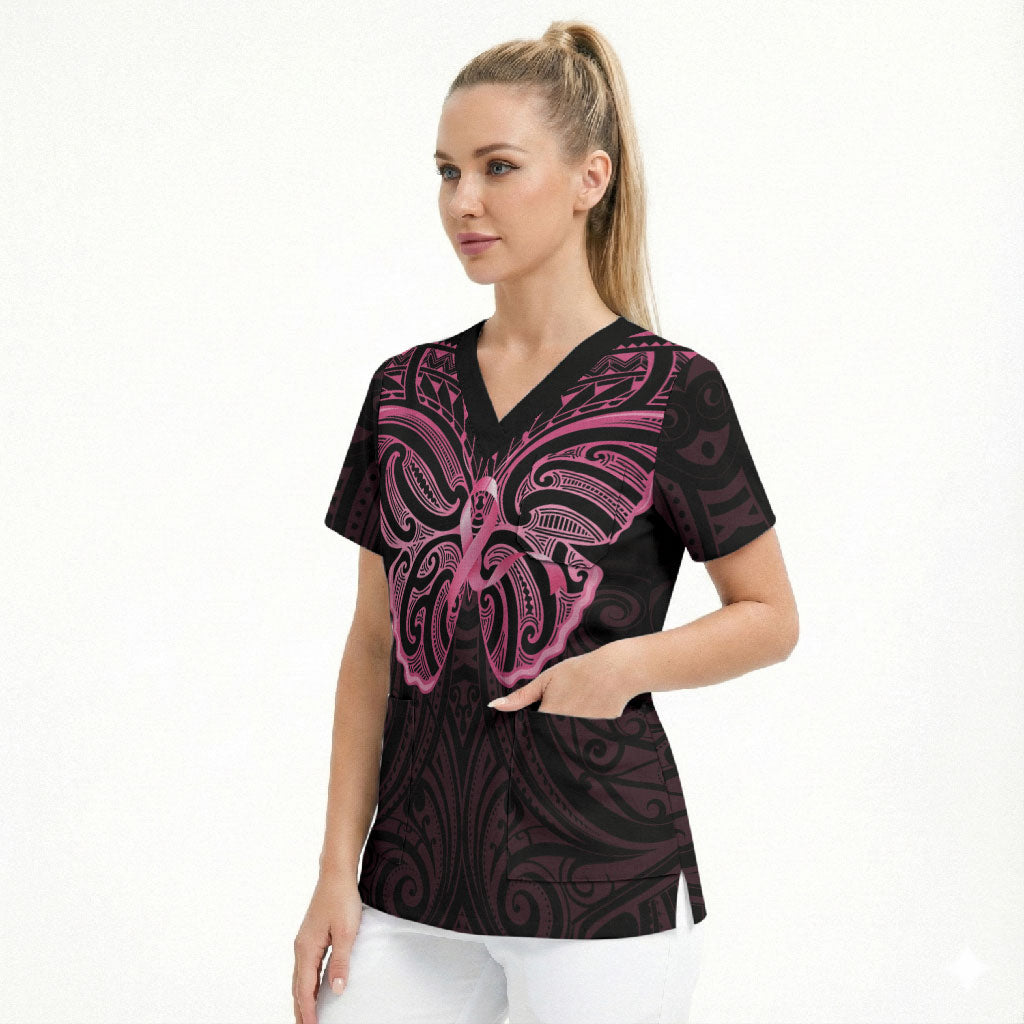 New Zealand Breast Cancer Support Scrub Top Maori Butterfly Pink Ribbon Black Version