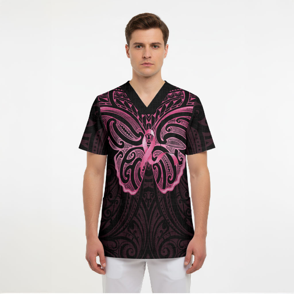 New Zealand Breast Cancer Support Scrub Top Maori Butterfly Pink Ribbon Black Version