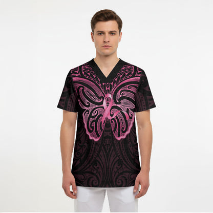 New Zealand Breast Cancer Support Scrub Top Maori Butterfly Pink Ribbon Black Version