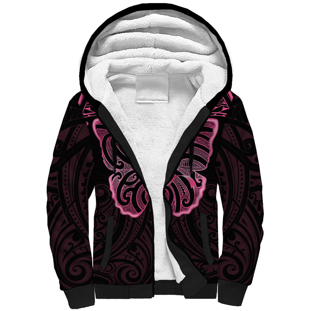 New Zealand Breast Cancer Support Sherpa Hoodie Maori Butterfly Pink Ribbon Black Version