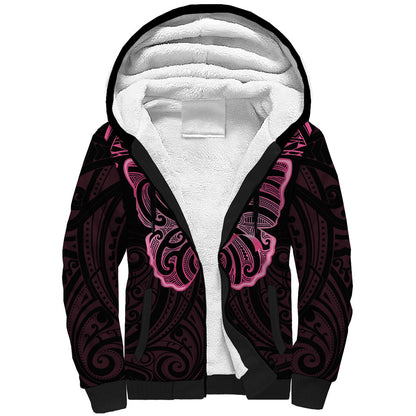 New Zealand Breast Cancer Support Sherpa Hoodie Maori Butterfly Pink Ribbon Black Version