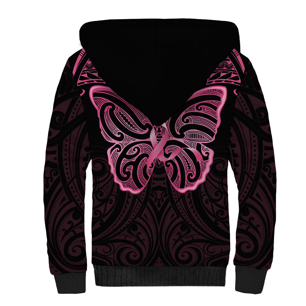 New Zealand Breast Cancer Support Sherpa Hoodie Maori Butterfly Pink Ribbon Black Version