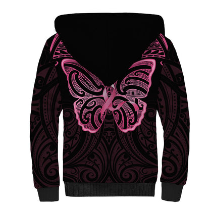 New Zealand Breast Cancer Support Sherpa Hoodie Maori Butterfly Pink Ribbon Black Version