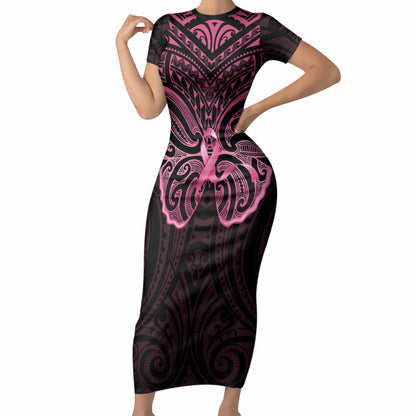 New Zealand Breast Cancer Support Short Sleeve Bodycon Dress Maori Butterfly Pink Ribbon Black Version