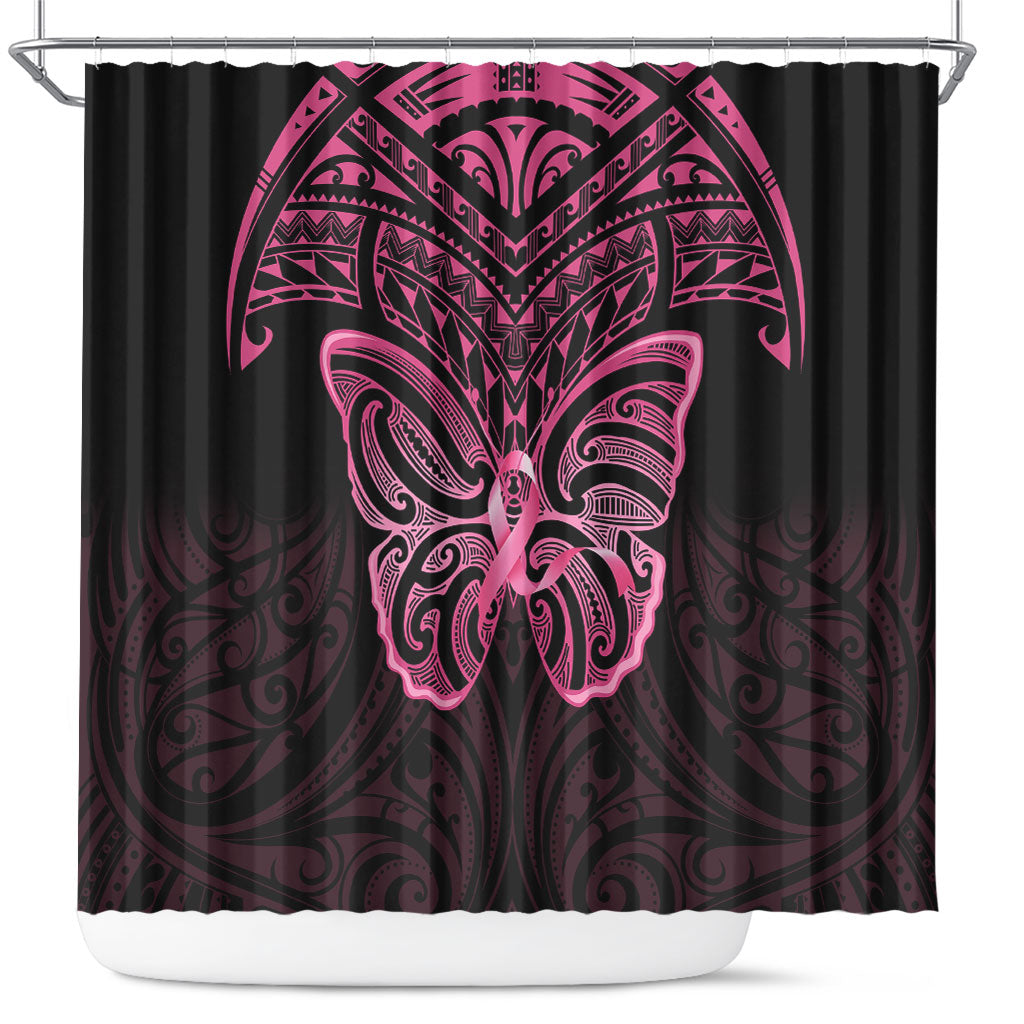 New Zealand Breast Cancer Support Shower Curtain Maori Butterfly Pink Ribbon Black Version