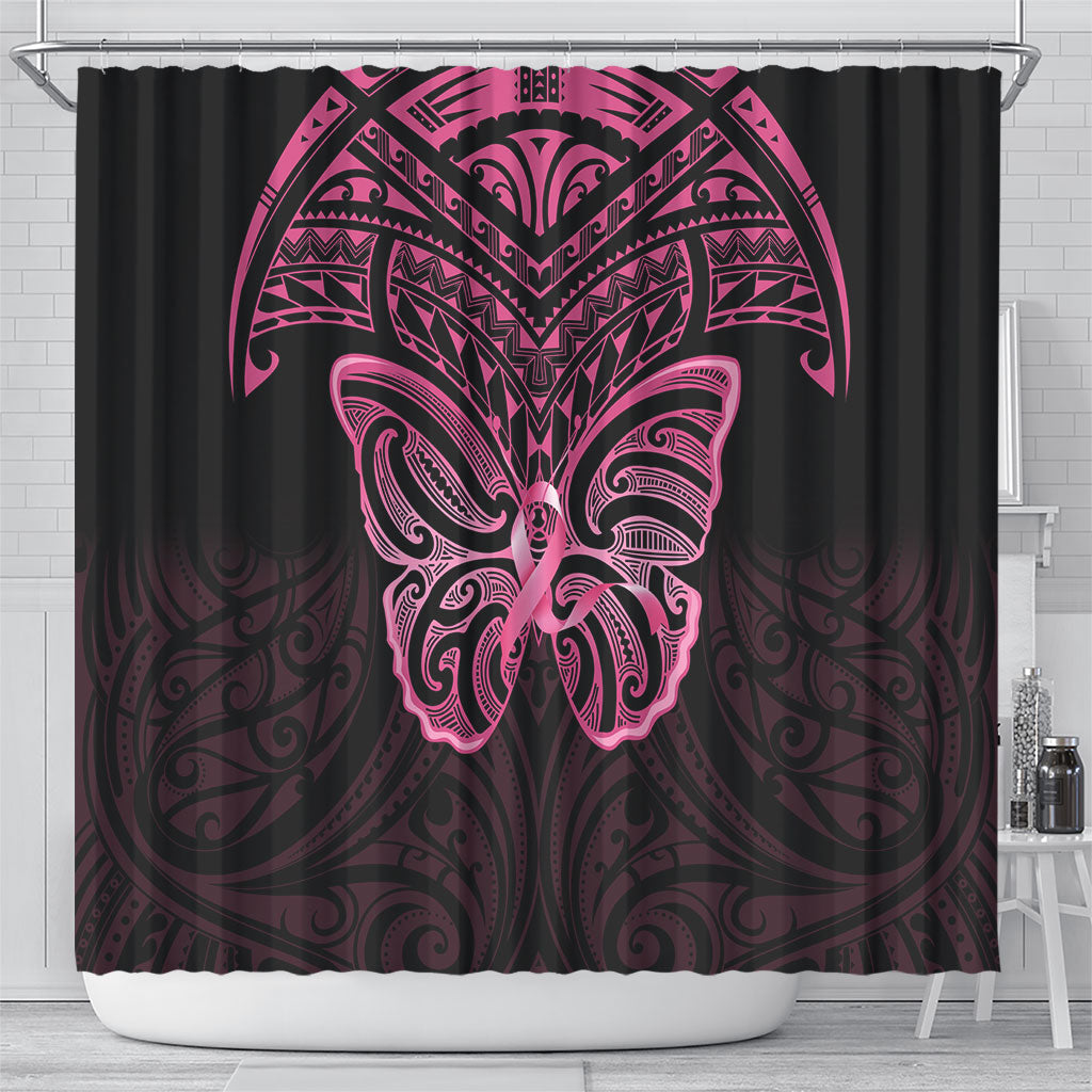 New Zealand Breast Cancer Support Shower Curtain Maori Butterfly Pink Ribbon Black Version