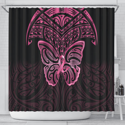 New Zealand Breast Cancer Support Shower Curtain Maori Butterfly Pink Ribbon Black Version