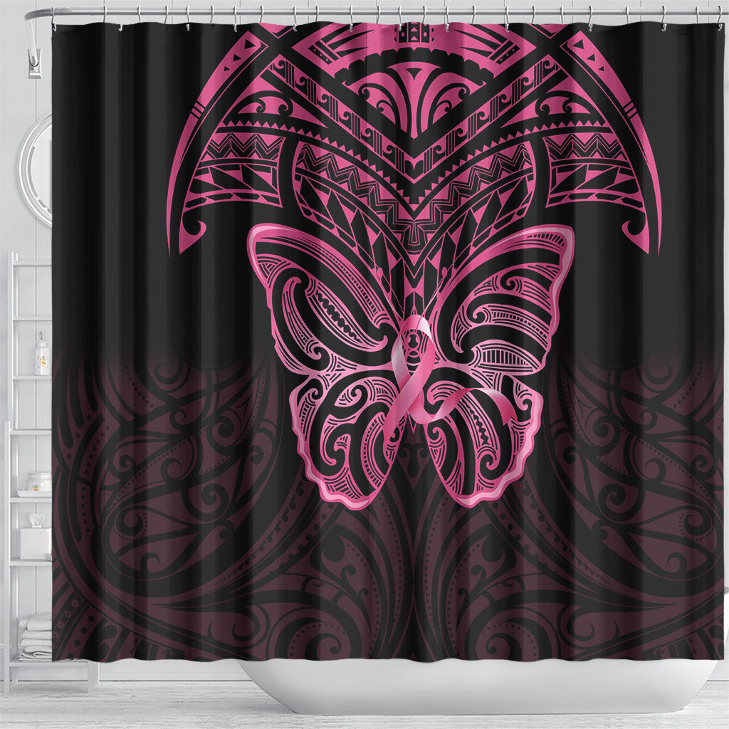 New Zealand Breast Cancer Support Shower Curtain Maori Butterfly Pink Ribbon Black Version