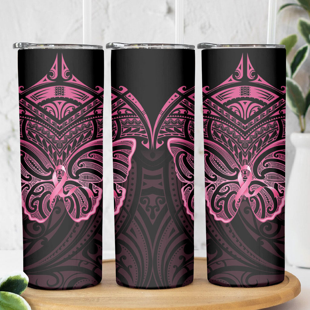 New Zealand Breast Cancer Support Skinny Tumbler Maori Butterfly Pink Ribbon Black Version