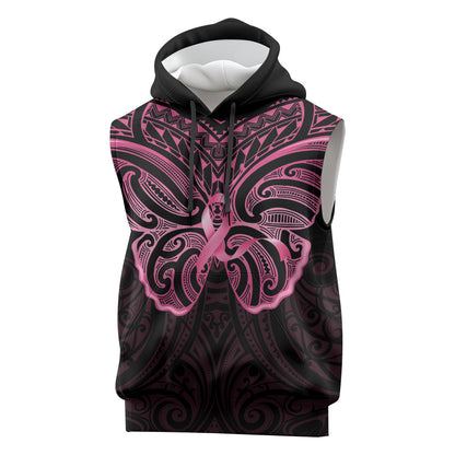 New Zealand Breast Cancer Support Sleeveless Hoodie Maori Butterfly Pink Ribbon Black Version