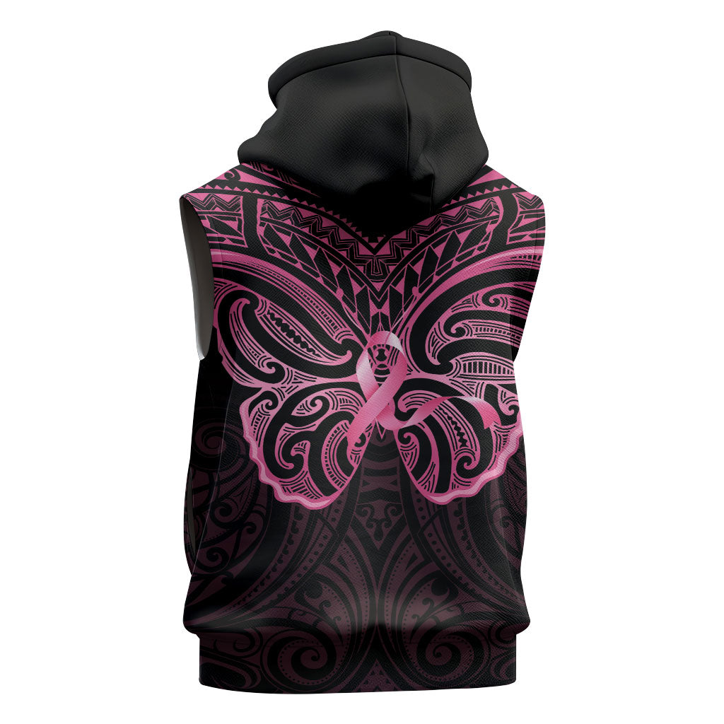 New Zealand Breast Cancer Support Sleeveless Hoodie Maori Butterfly Pink Ribbon Black Version