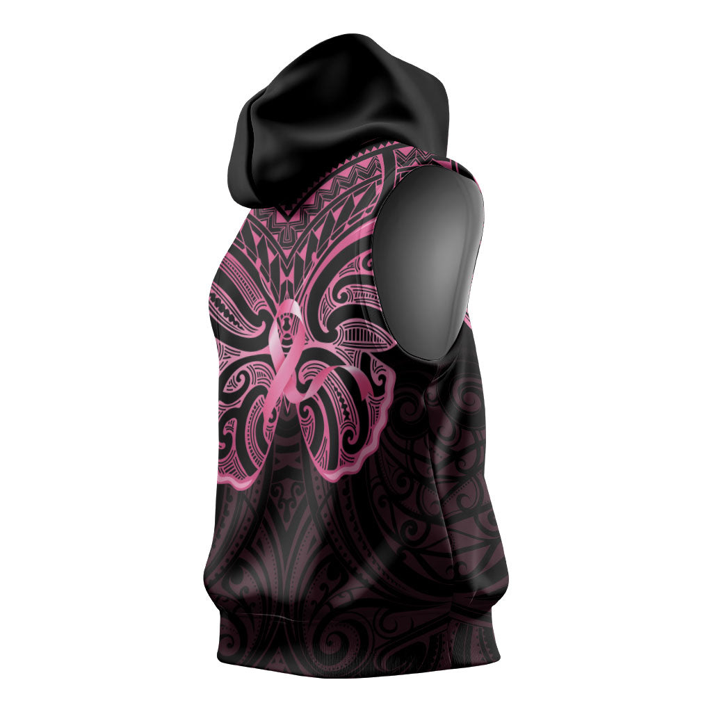 New Zealand Breast Cancer Support Sleeveless Hoodie Maori Butterfly Pink Ribbon Black Version