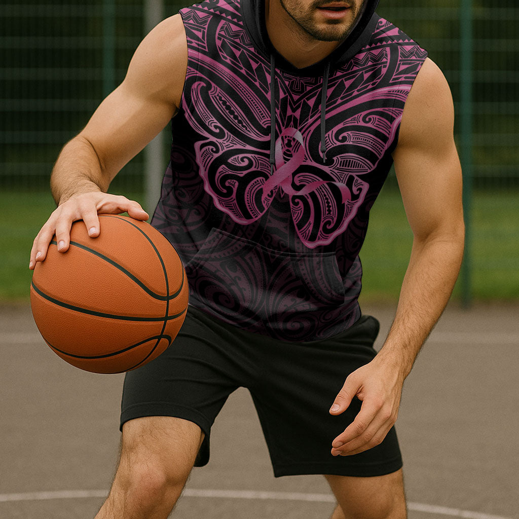New Zealand Breast Cancer Support Sleeveless Hoodie Maori Butterfly Pink Ribbon Black Version