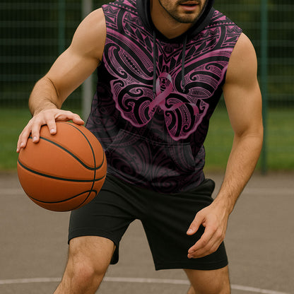 New Zealand Breast Cancer Support Sleeveless Hoodie Maori Butterfly Pink Ribbon Black Version