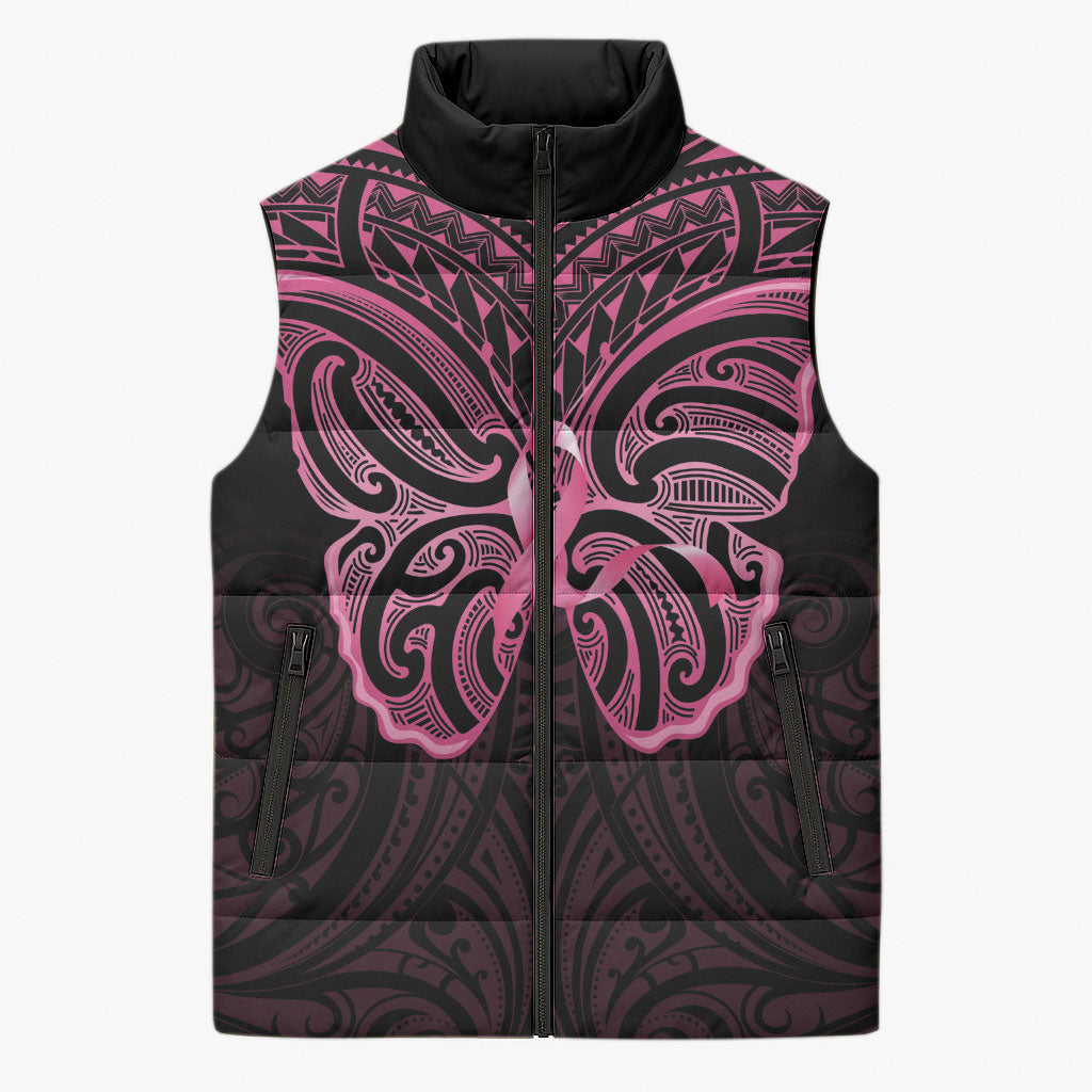 New Zealand Breast Cancer Support Sleeveless Puffer Jacket Maori Butterfly Pink Ribbon Black Version
