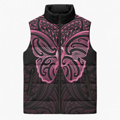 New Zealand Breast Cancer Support Sleeveless Puffer Jacket Maori Butterfly Pink Ribbon Black Version