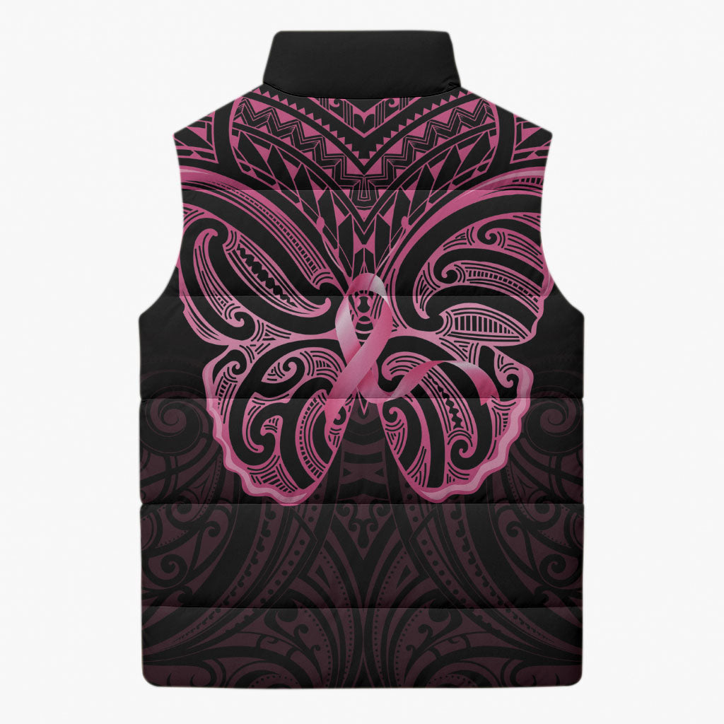 New Zealand Breast Cancer Support Sleeveless Puffer Jacket Maori Butterfly Pink Ribbon Black Version