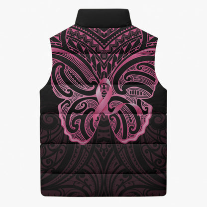 New Zealand Breast Cancer Support Sleeveless Puffer Jacket Maori Butterfly Pink Ribbon Black Version