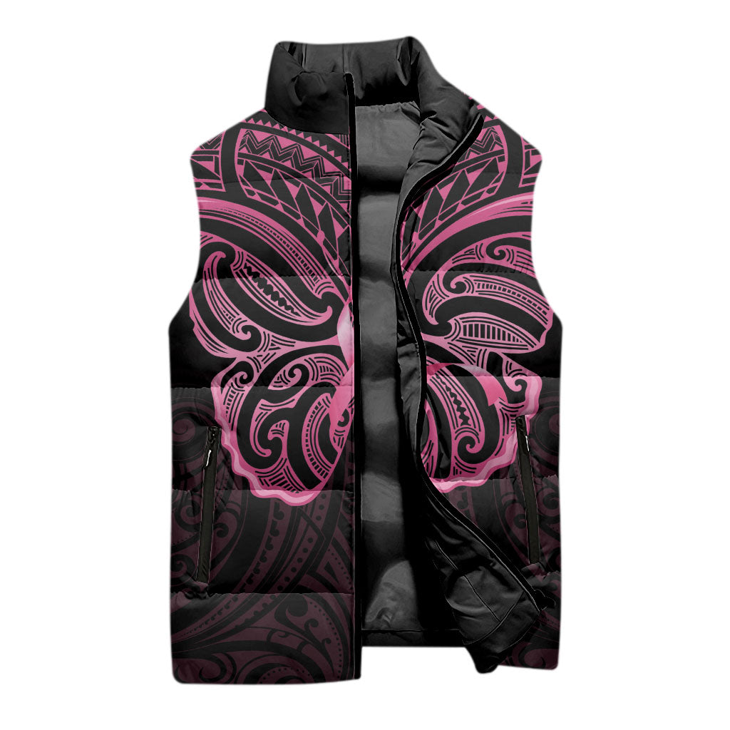 New Zealand Breast Cancer Support Sleeveless Puffer Jacket Maori Butterfly Pink Ribbon Black Version
