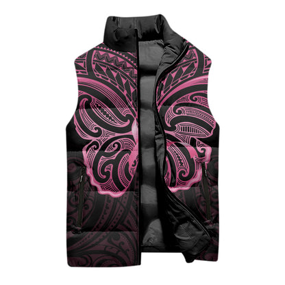 New Zealand Breast Cancer Support Sleeveless Puffer Jacket Maori Butterfly Pink Ribbon Black Version