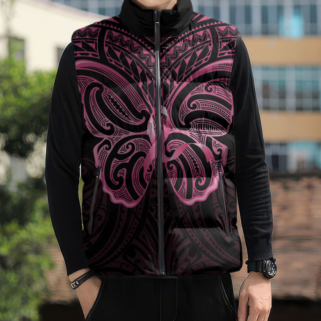 New Zealand Breast Cancer Support Sleeveless Puffer Jacket Maori Butterfly Pink Ribbon Black Version