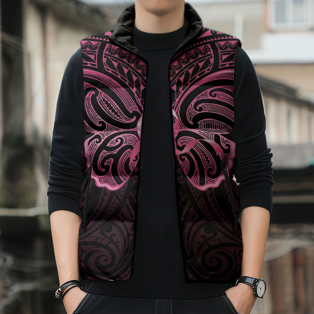 New Zealand Breast Cancer Support Sleeveless Puffer Jacket Maori Butterfly Pink Ribbon Black Version