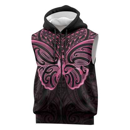 New Zealand Breast Cancer Support Sleeveless Zip Hoodie Maori Butterfly Pink Ribbon Black Version