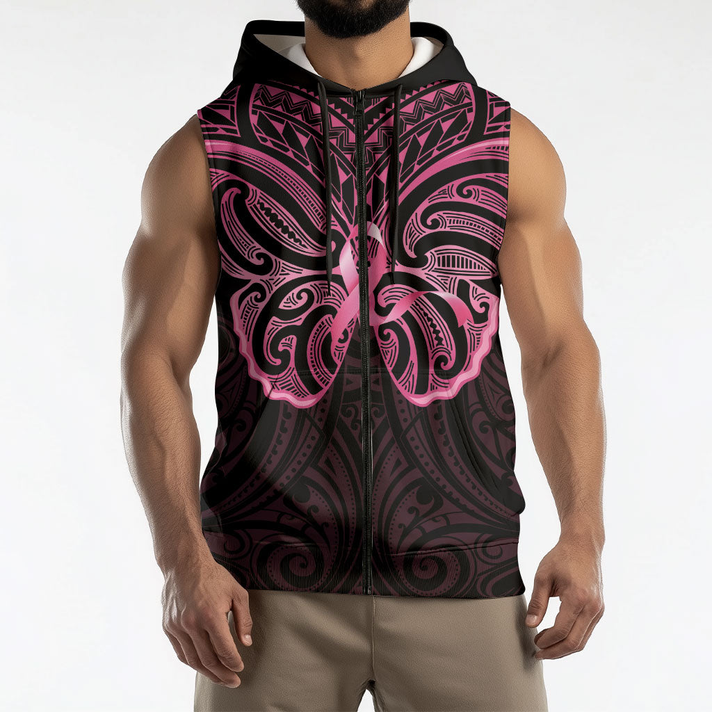 New Zealand Breast Cancer Support Sleeveless Zip Hoodie Maori Butterfly Pink Ribbon Black Version