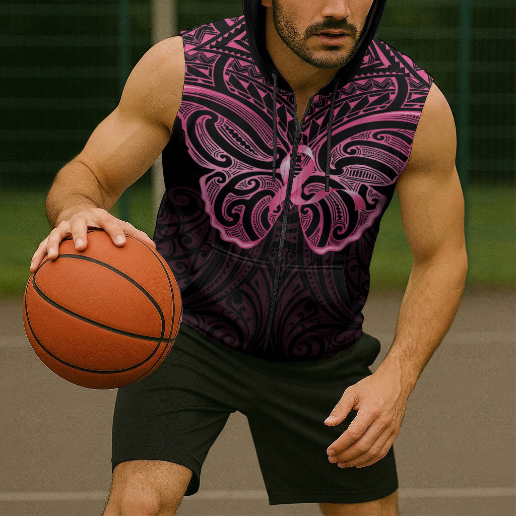 New Zealand Breast Cancer Support Sleeveless Zip Hoodie Maori Butterfly Pink Ribbon Black Version