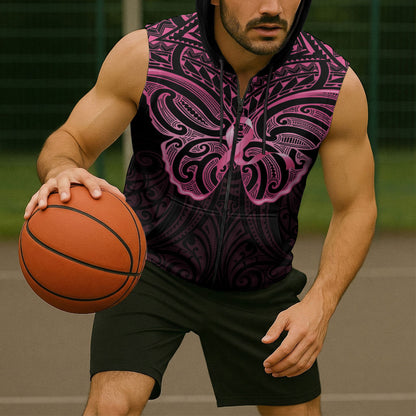 New Zealand Breast Cancer Support Sleeveless Zip Hoodie Maori Butterfly Pink Ribbon Black Version