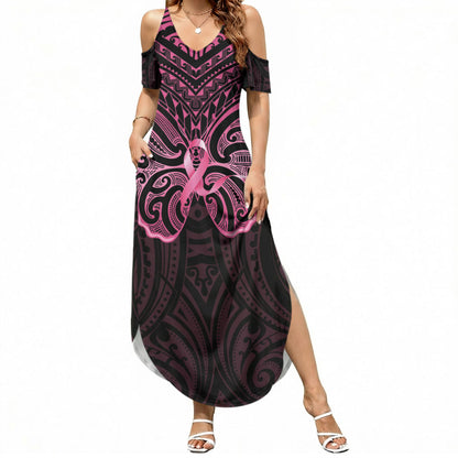 New Zealand Breast Cancer Support Summer Maxi Dress Maori Butterfly Pink Ribbon Black Version
