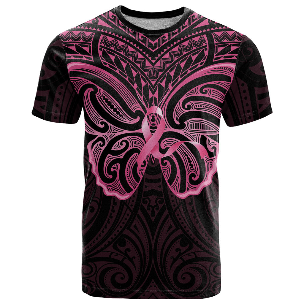 New Zealand Breast Cancer Support T Shirt Maori Butterfly Pink Ribbon Black Version