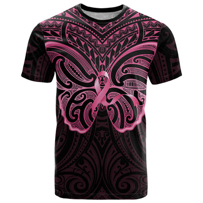 New Zealand Breast Cancer Support T Shirt Maori Butterfly Pink Ribbon Black Version