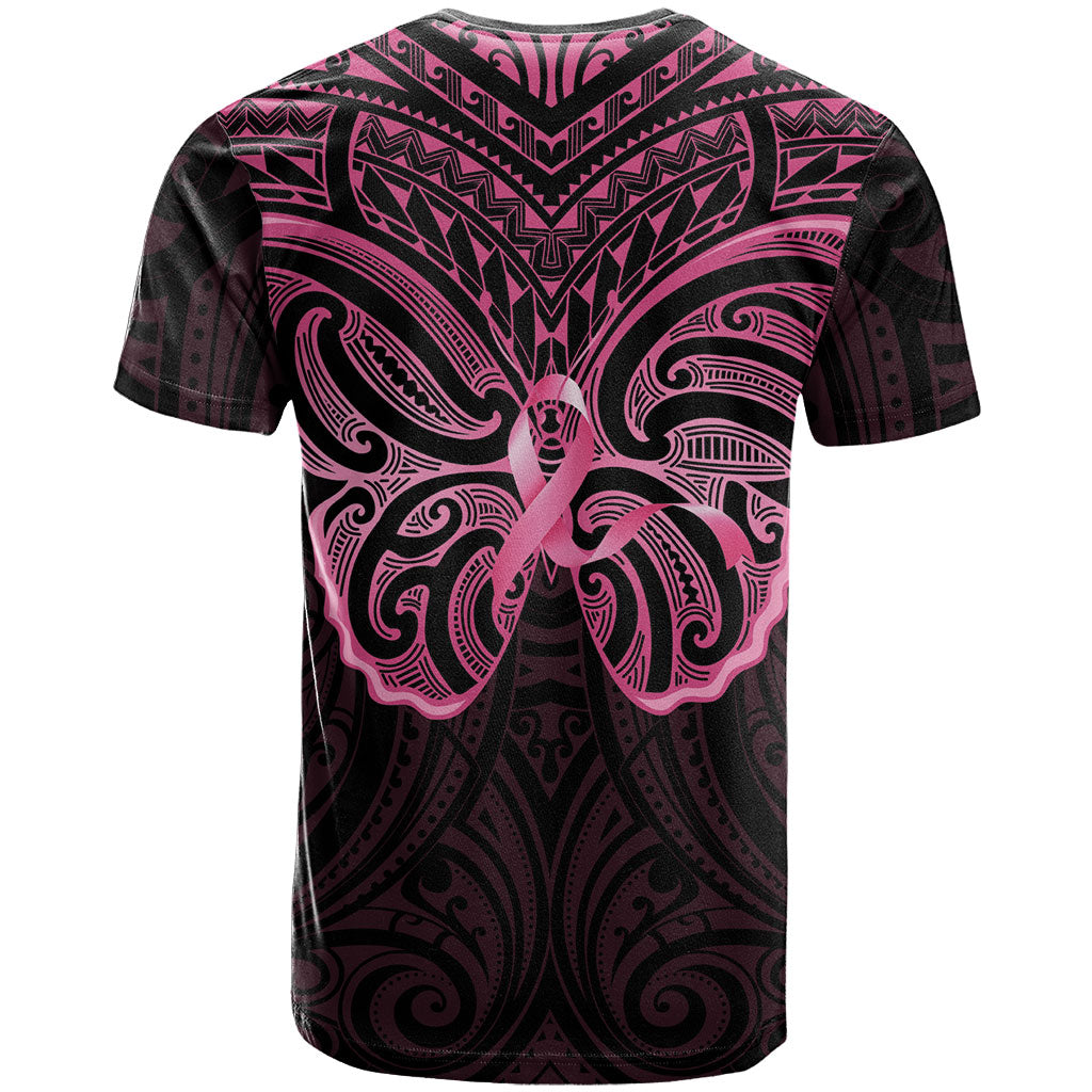 New Zealand Breast Cancer Support T Shirt Maori Butterfly Pink Ribbon Black Version