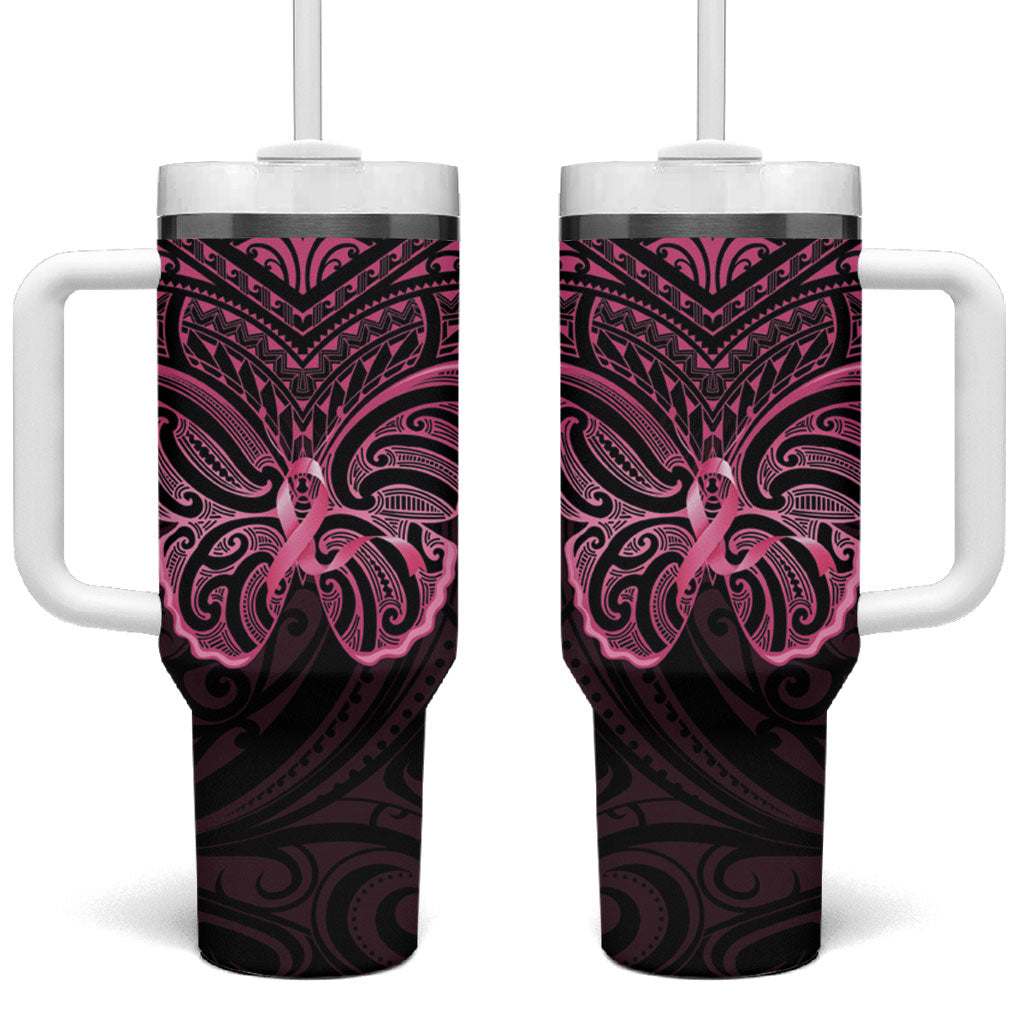 New Zealand Breast Cancer Support Tumbler With Handle Maori Butterfly Pink Ribbon Black Version