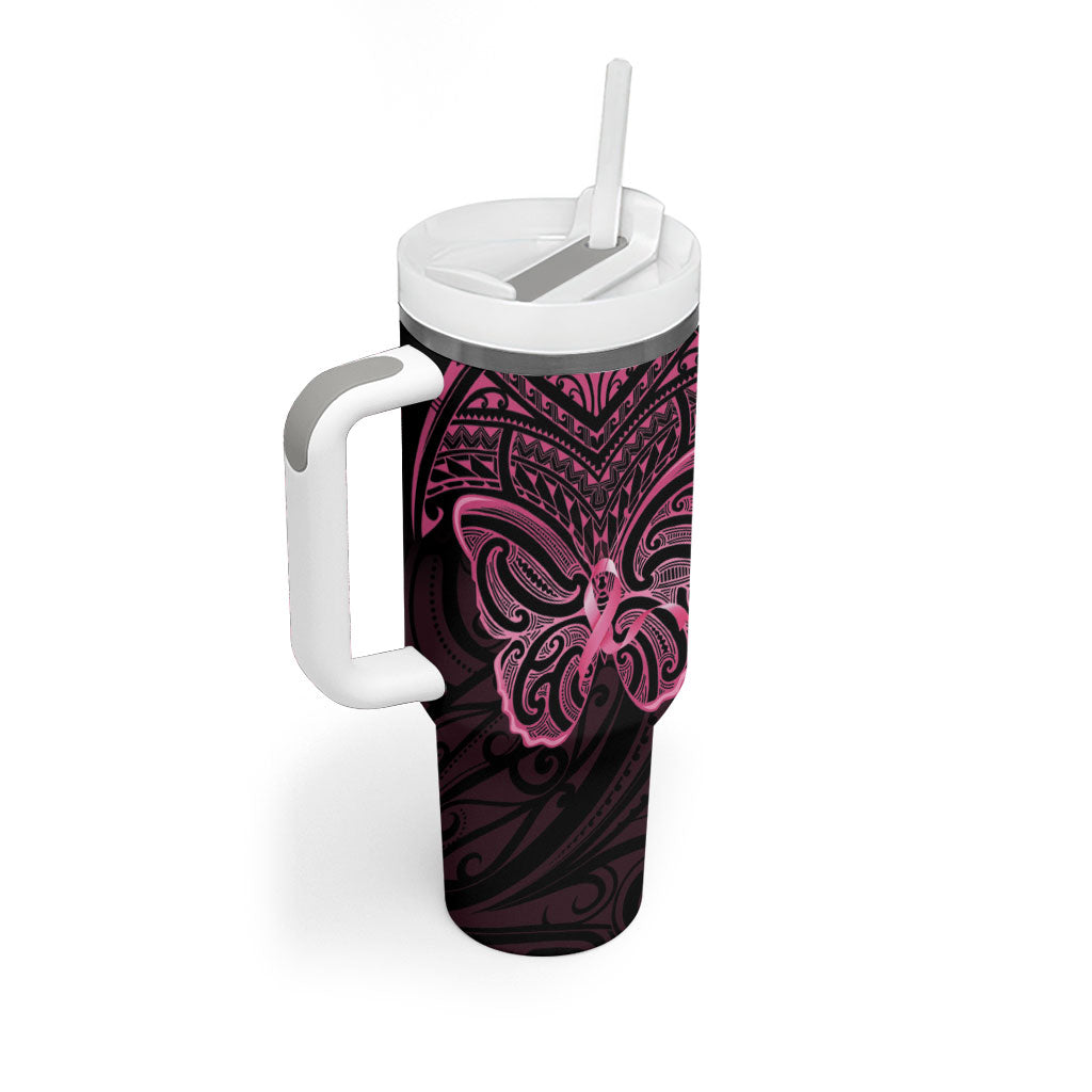 New Zealand Breast Cancer Support Tumbler With Handle Maori Butterfly Pink Ribbon Black Version