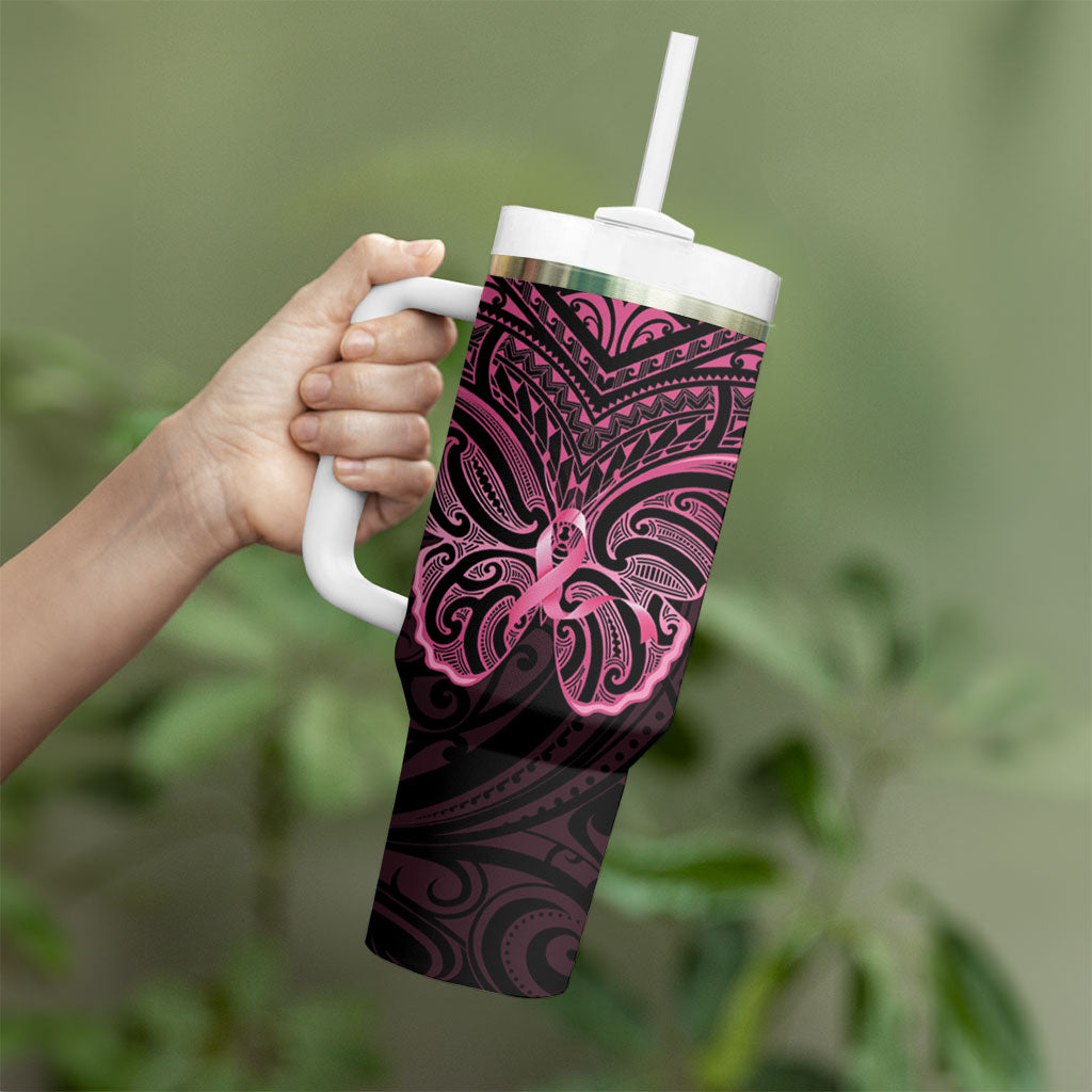 New Zealand Breast Cancer Support Tumbler With Handle Maori Butterfly Pink Ribbon Black Version