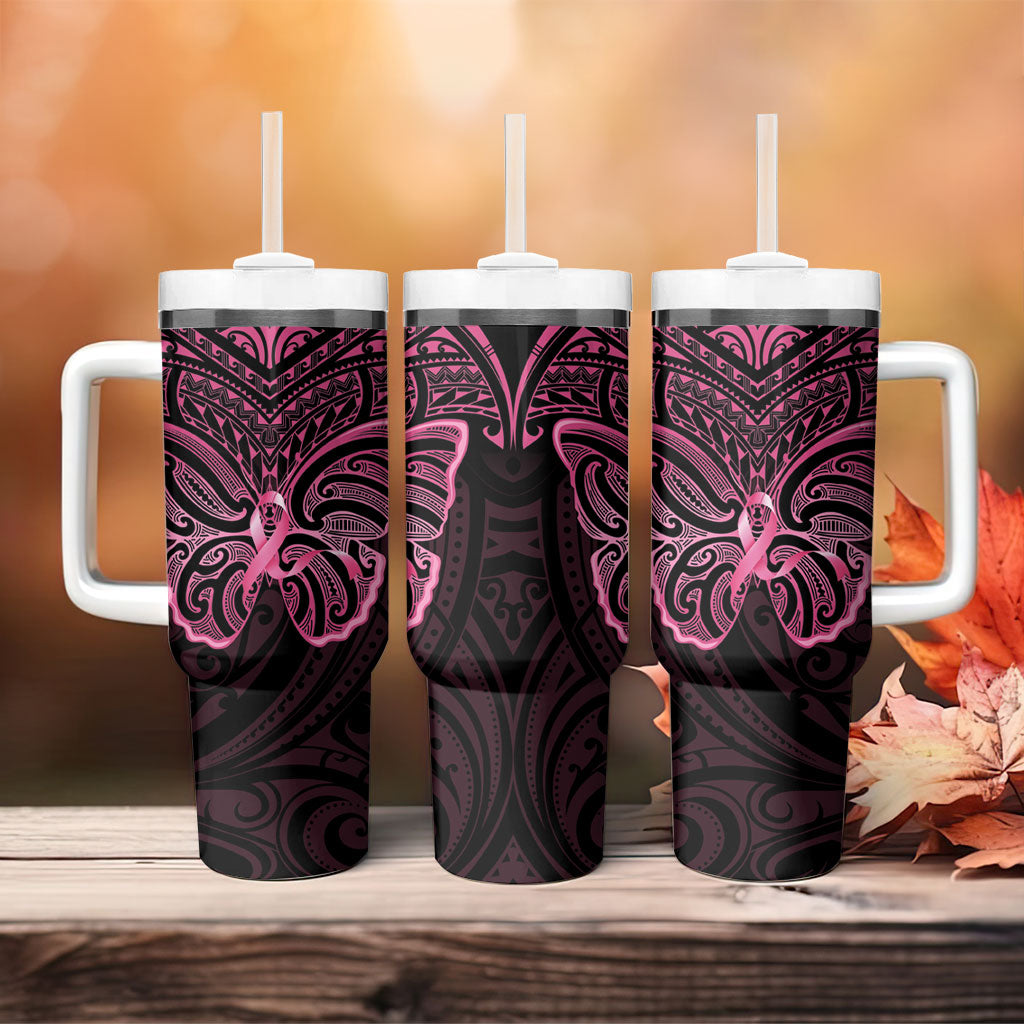 New Zealand Breast Cancer Support Tumbler With Handle Maori Butterfly Pink Ribbon Black Version