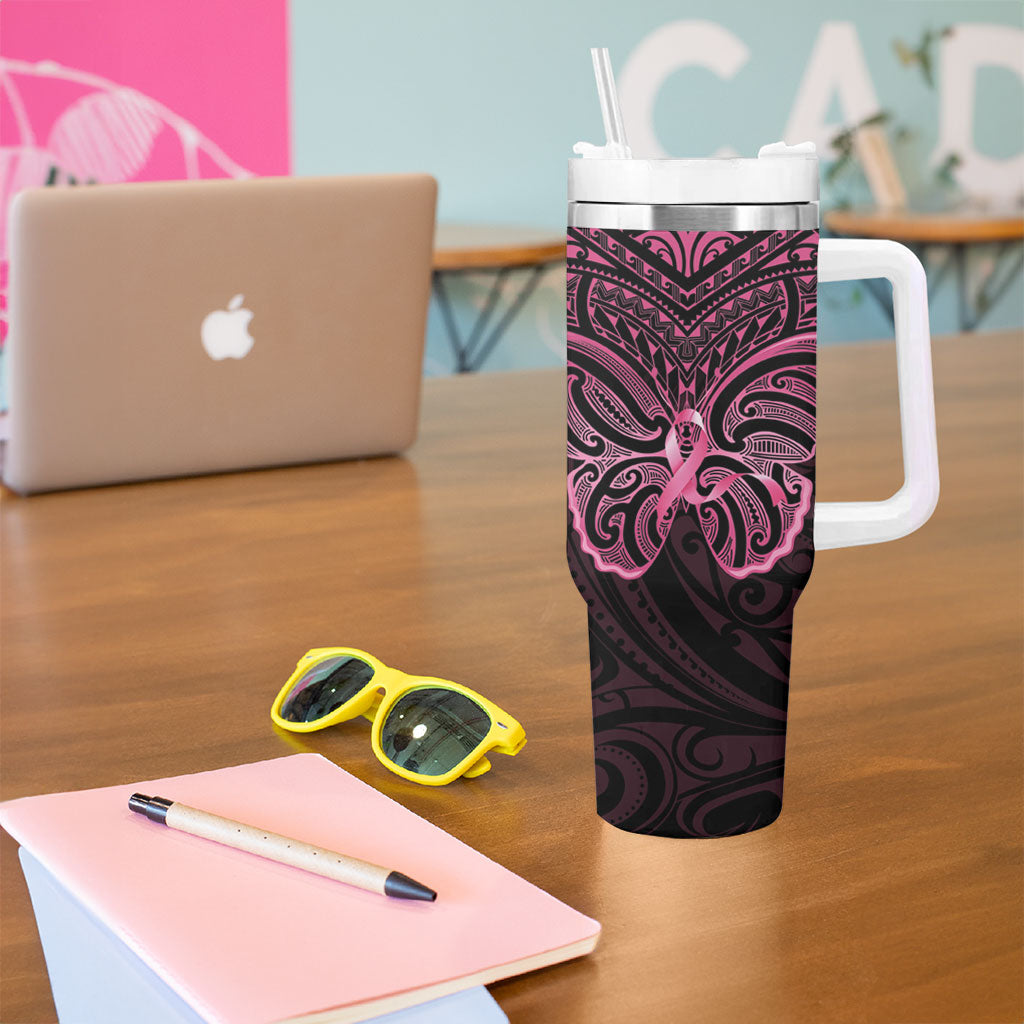New Zealand Breast Cancer Support Tumbler With Handle Maori Butterfly Pink Ribbon Black Version