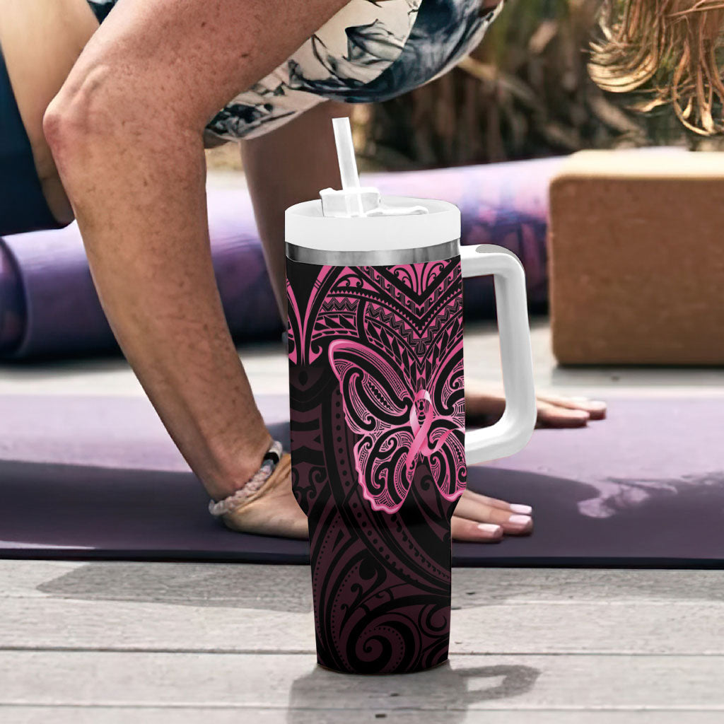 New Zealand Breast Cancer Support Tumbler With Handle Maori Butterfly Pink Ribbon Black Version