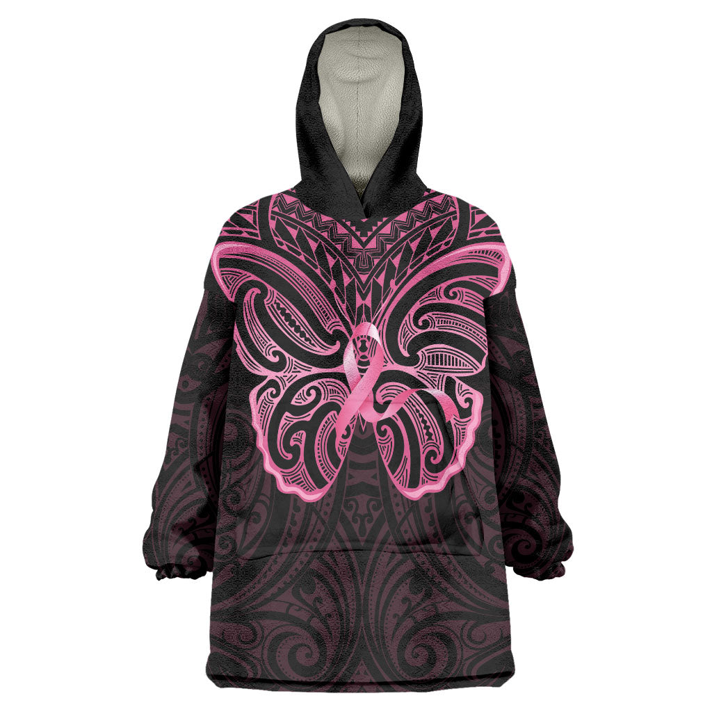 New Zealand Breast Cancer Support Wearable Blanket Hoodie Maori Butterfly Pink Ribbon Black Version