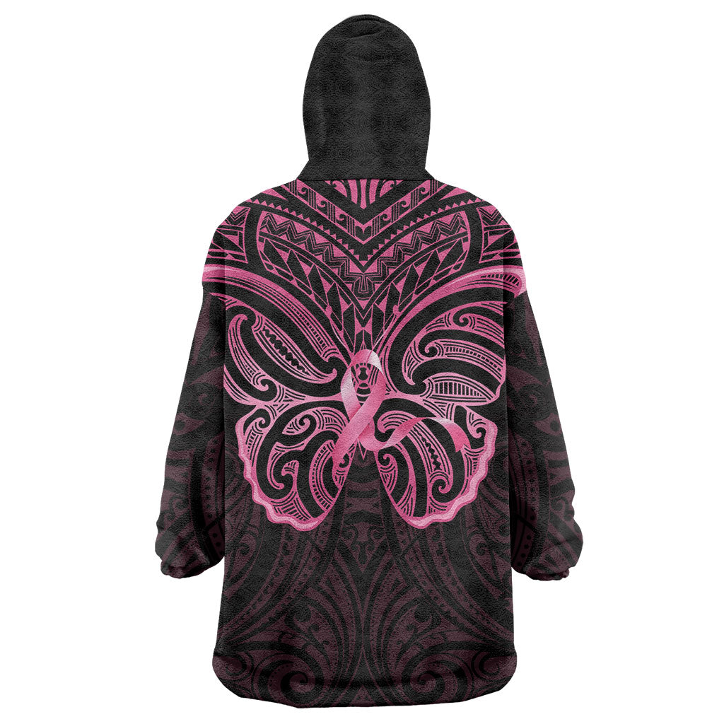 New Zealand Breast Cancer Support Wearable Blanket Hoodie Maori Butterfly Pink Ribbon Black Version